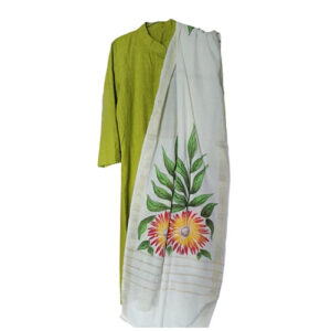 Green Hand Painted Cotton Ladies Kurti Pant Dupatta Set