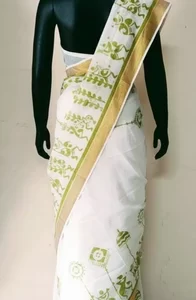 Hand Painted White Cotton Saree